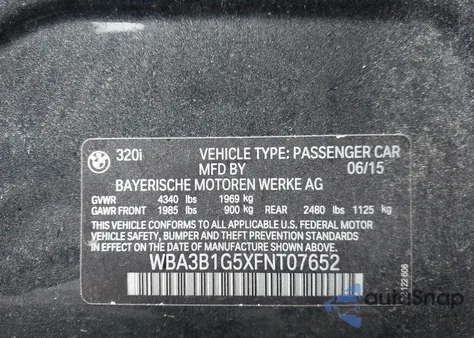 2015 BMW 320I z USA, uszkodzony, nr VIN WBA3B1G5XFNT07652